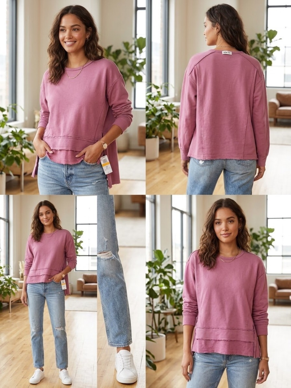 NEW IN Rose Pink Raw Edge Exposed Seam Pullover Sweatshirt - Size S / NWT